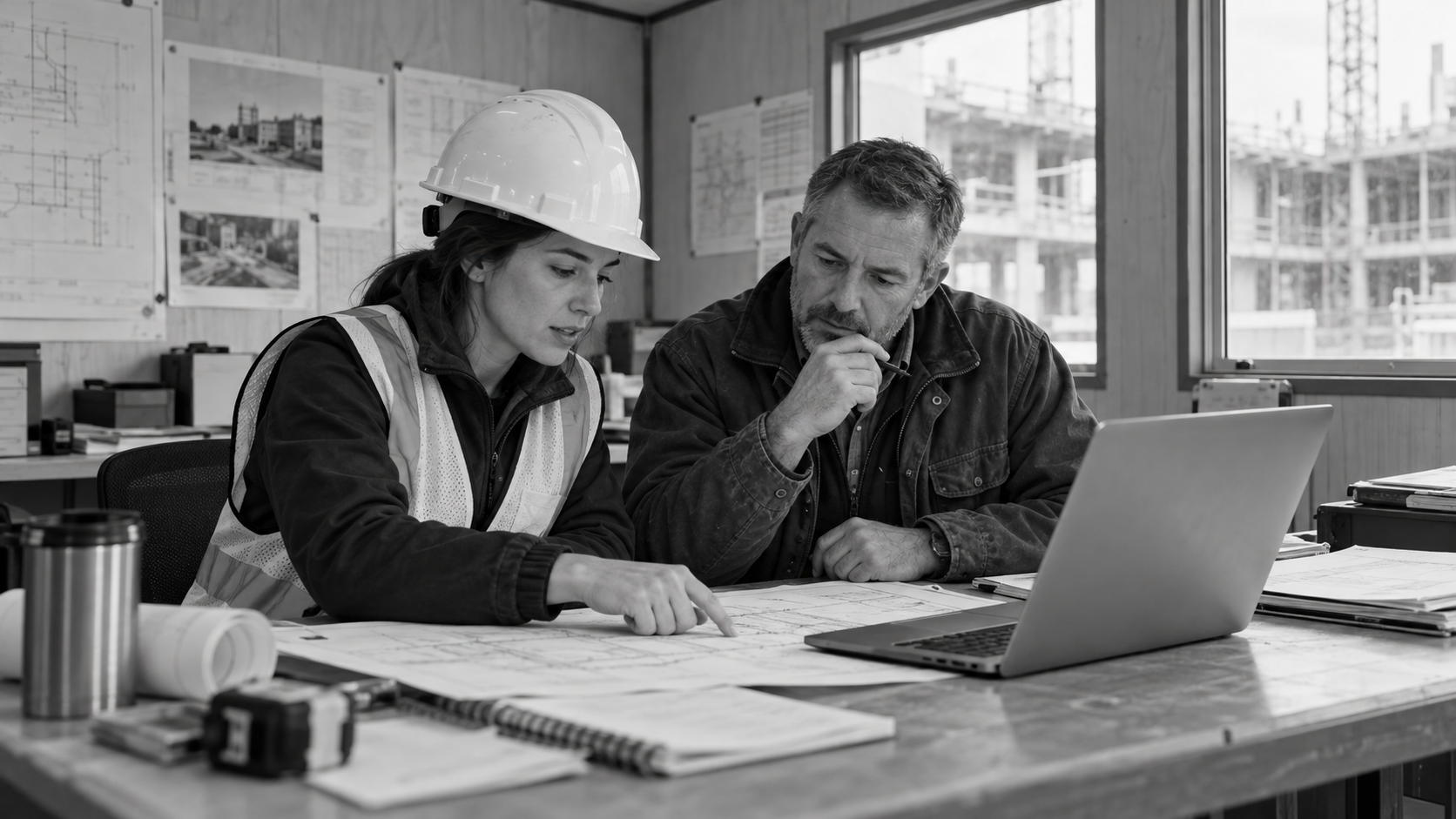 Two construction professionals discussing work at a laptop in a site office