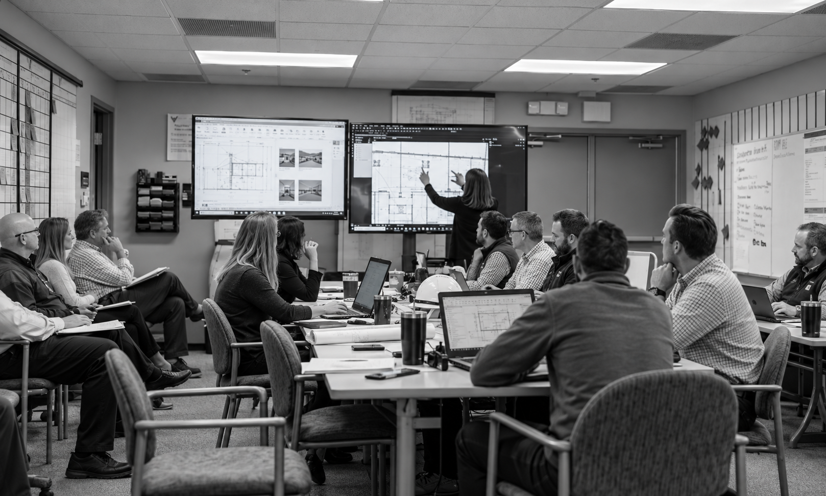 Construction team reviewing building plans with a presenter in a project meeting